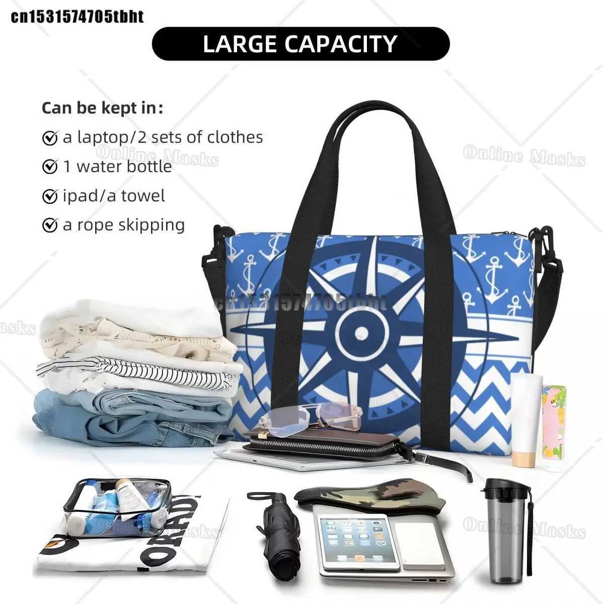 Captains Compass Tote Bag Women Big Capacity Nautical Anchor Sailing Sailor Gym Beach Travel BagsC250407
