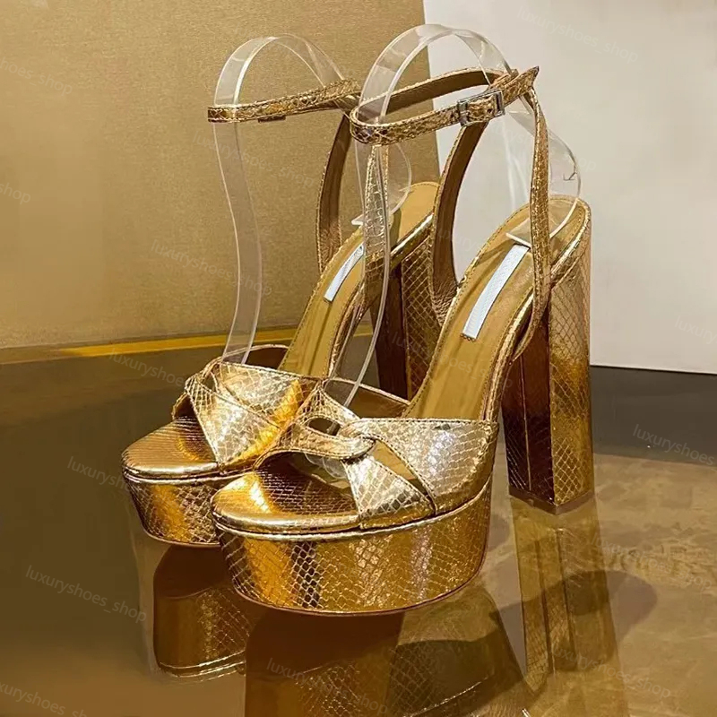 Sandal Sinner Plateau 140mm Gold Women's Metallic Feeling Platform High Heeled Sandals Chunky Block Ankle Strap Dress Designer women shoes heels