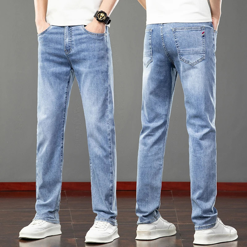 Summer ultrathin mens slim fit jeans blue gray elastic straight light business casual denim pants classic style 250401
