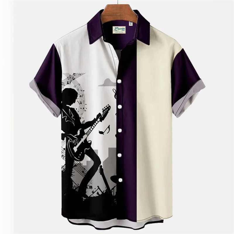 Mens summer shirt 2024 Hawaii short sleeved T-shirt music note printing boys and girls beach travel top casual lapel clothingXJ250407