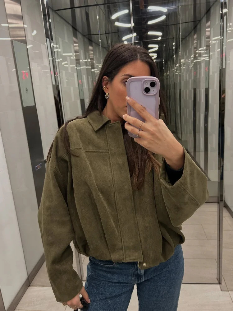 Womens Fashion Green Suede Leather Short Jacket with Large Zipper Long Sleeve Pocket Bomb Motorcycle 250407