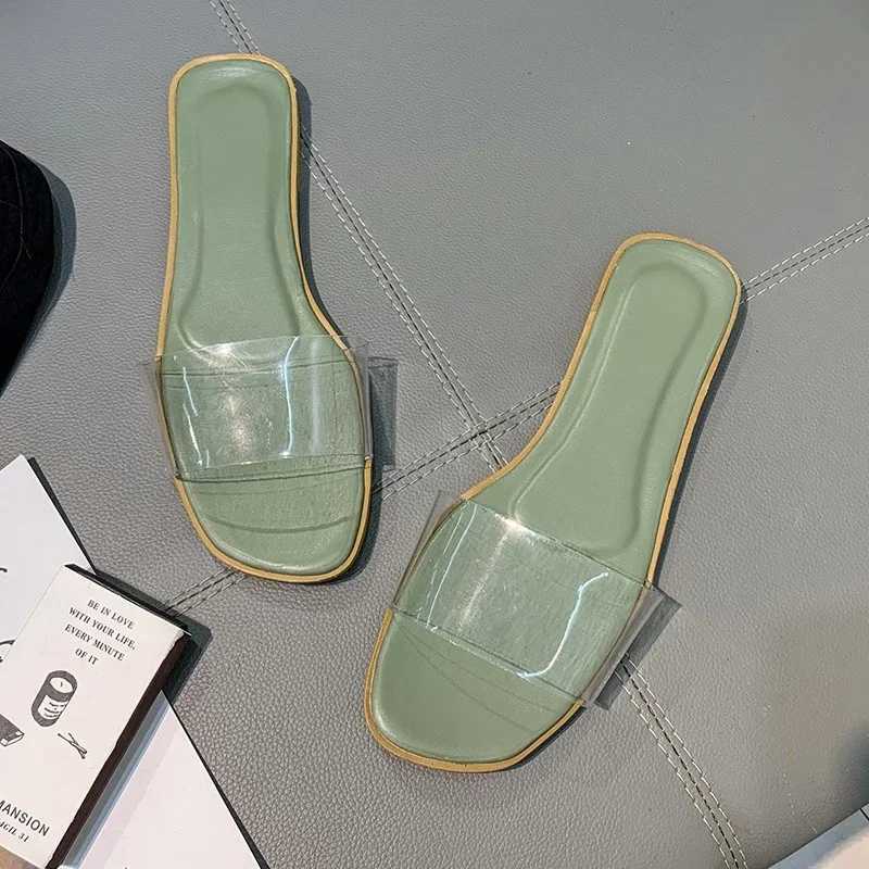 New summer womens simple crystal slider womens transparent flat chest solid color E-line beach womens sandalsXJ250407