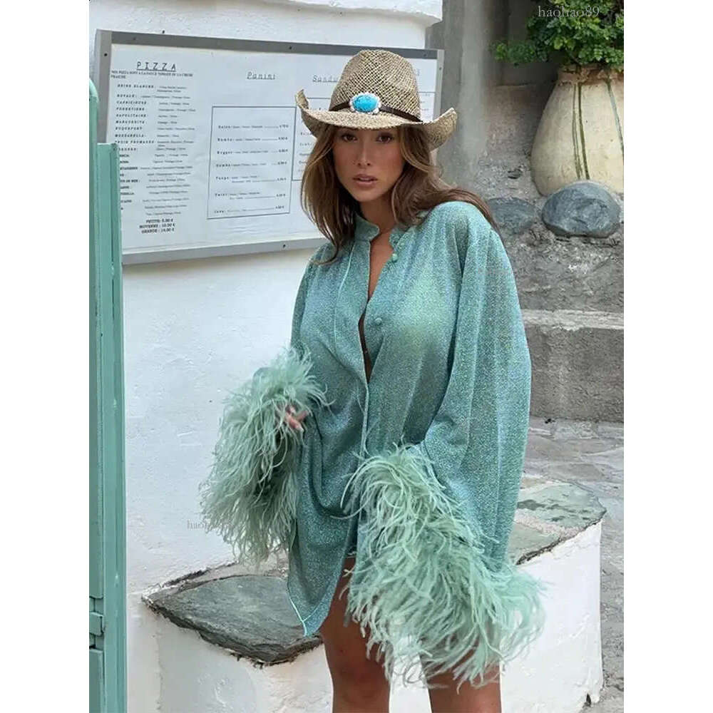 shiny feather decal womens solid shirt fashion stand up collar single breasted top womens holiday beach top 240914