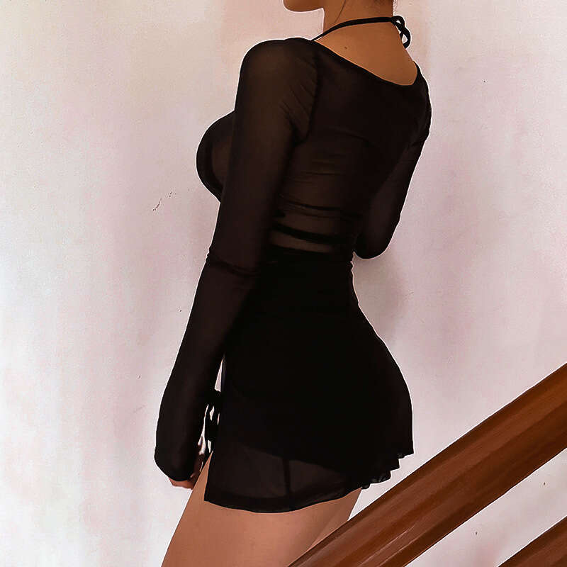 Q23DS068 European and American spring/summer item, net color mesh long sleeved slit short dress wholesale, women's temperament versatile new tren