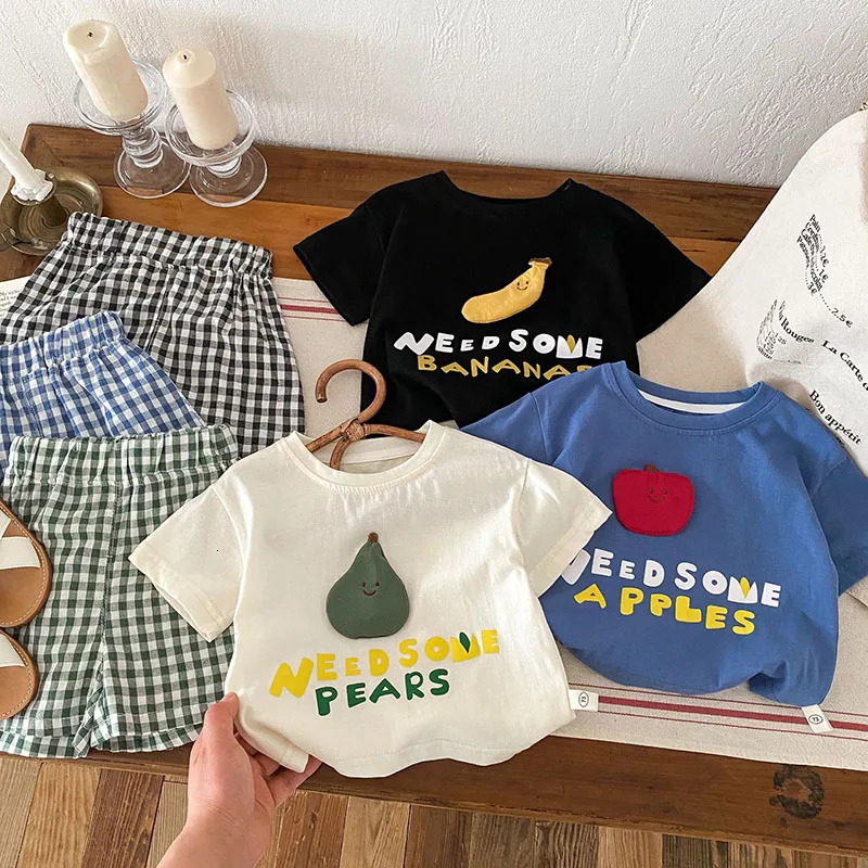 Summer Kids Clothes Set Children Cute Fruit T-shirt Checkered Shorts Boys Letter Outwear 2PCS 250407