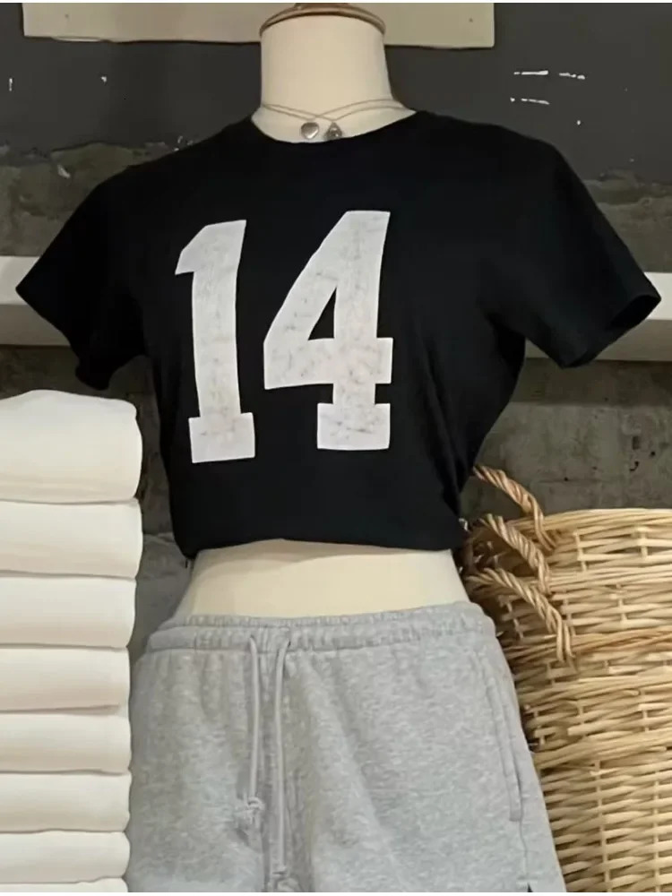 Casual womens soft cotton black number 14 printed Tshirt summer retro Oneck short sleeved top 250407
