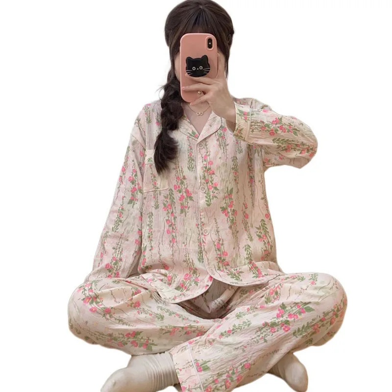 Romantic Womens Nightwear Long Sleeve Cardigan Fresh Sweet Print Student Korean Version Floral Loungewear Plus Size 2PCS/Set 250408