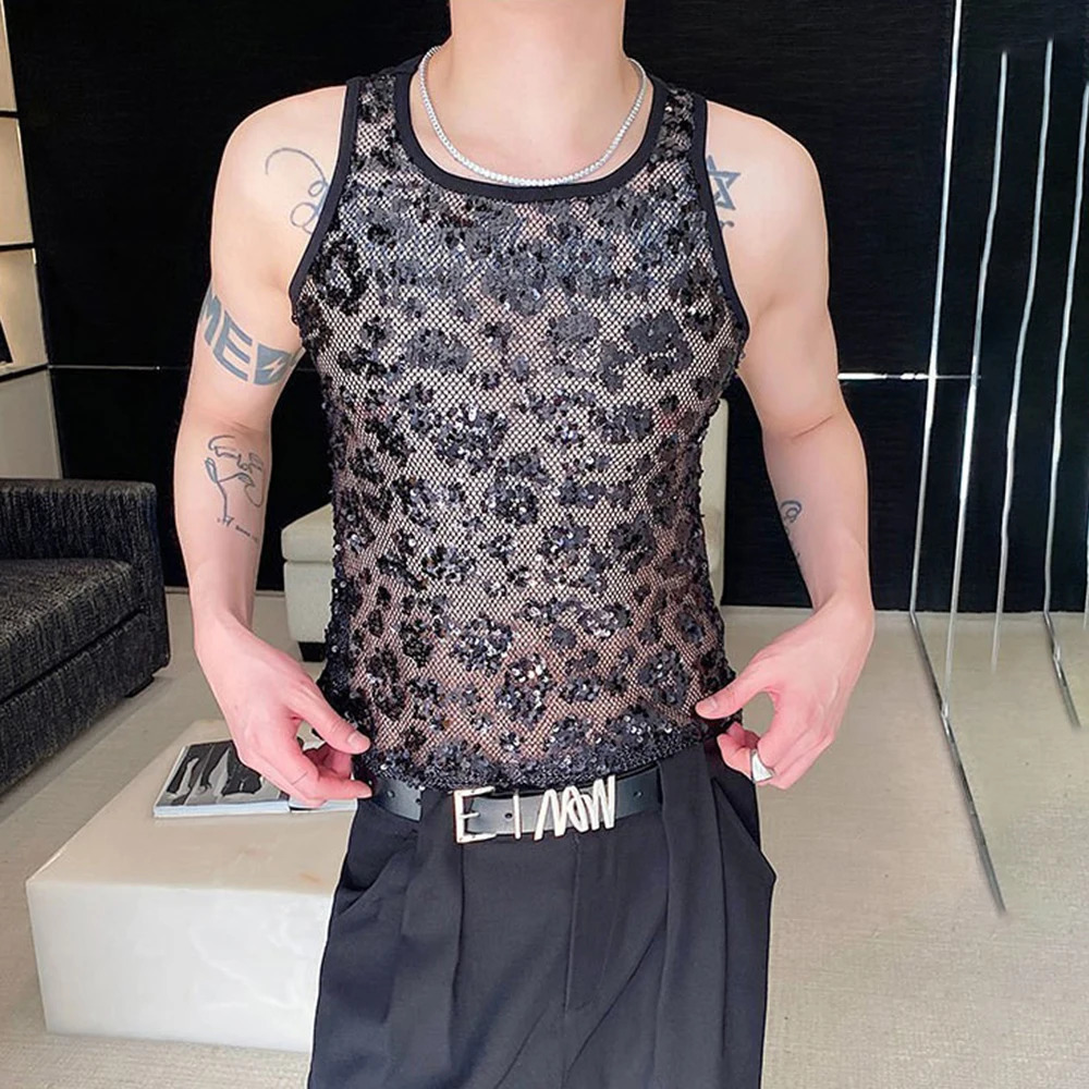 Mens tank top sequin performance casual vest spring street fashion youth campus stage vest old style mens clothing style 250402