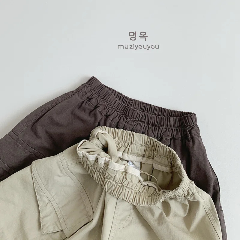 Summer childrens casual pants retro mens cargo pants large pocket childrens shorts girls loose pants baby solid color clothes 250408