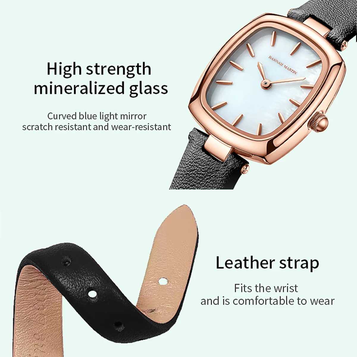 2024 Hannah Martin Womens Leather Rose Gold Simple Quartz Watch Brand New 3Bar Waterproof Original Fashion Womens WatchT250408