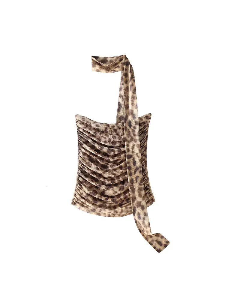 TRAF Summer Women Tulle Leopard Print Midi Skirt Suits Sleeveless Strapless Backless Slim Crop Top Sets Club Y2K 250408