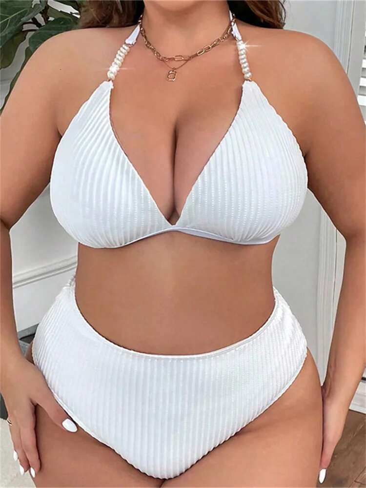Dongdumaoyi Women Large Size Swimsuit Black White Pearls Strap Push Up High Waist Bikini Set Summer Beach Bathing Suit Swimwear Tankini