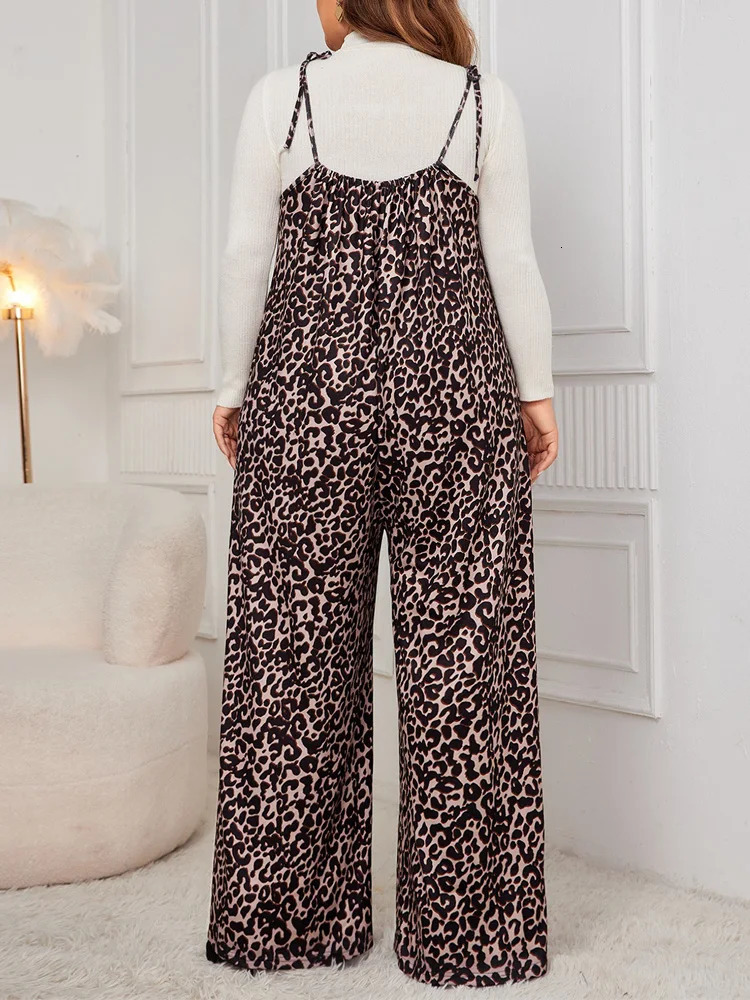 GIBSIE Plus Size Leopard Print Tie Shoulder Jumpsuits Women Spring Fall Sleeveless Loose Fashion Wide Leg Jumpsuit 250407