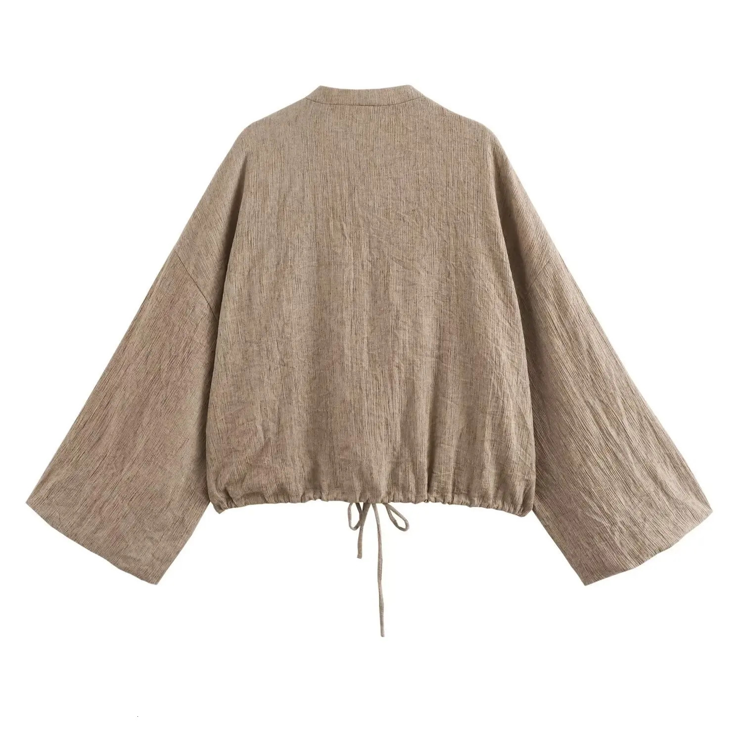 ZBZA Womens Wide Sleeve Tie Jacket Round Neck Long Single Top Spring and Summer Casual Chic Coat 250407