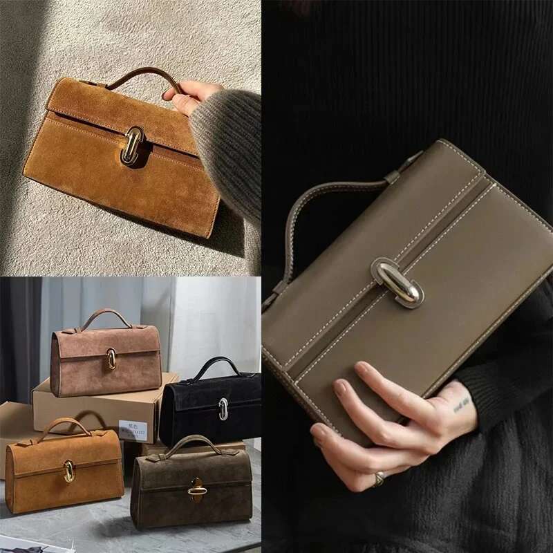 SAVETTE Symmetry Pochette Tote Women Top Handle Bags Genuine Leather Suede Solid Color Simple Handbag Square Bag