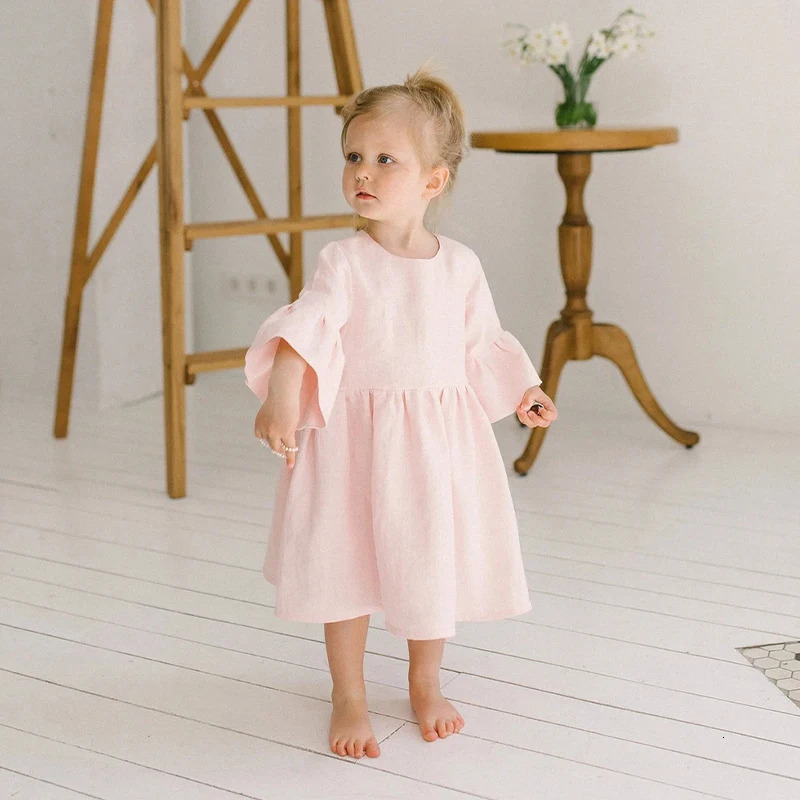 Girls Sweet Cute Cotton And Linen Dress Summer Baby Kids Flare Sleeve Casual Pink Princess Dresses Toddler Girl Clothes 250408