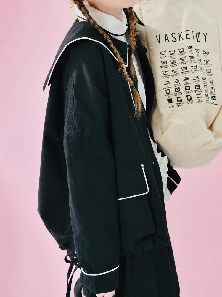 Imakokoni Black Navy Blue Collar Jacket Spring Cotton Wash Lace Small Round Neck n Womens Shirt 244982 250407