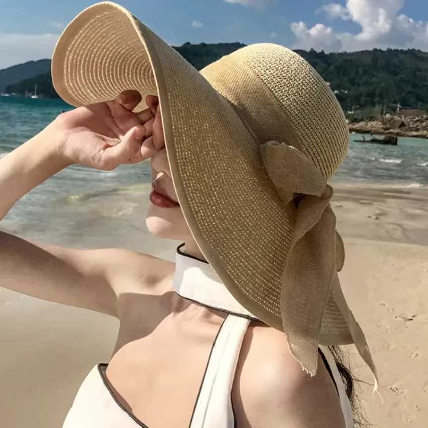 1 Pcs Summer Fashion Sun Hats Beach Flat Panama Lady Casual Wide Brim Straw Hat Beach Black Bow for Wen AccoriesC250407