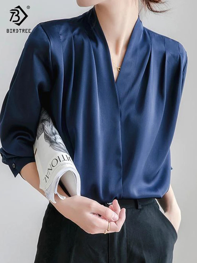 Spring Womens Elegant Satin Shirt Lantern Sleeve V-neck Office Navy Blue Shirt Retro Autumn Casual Top T24401X 250402