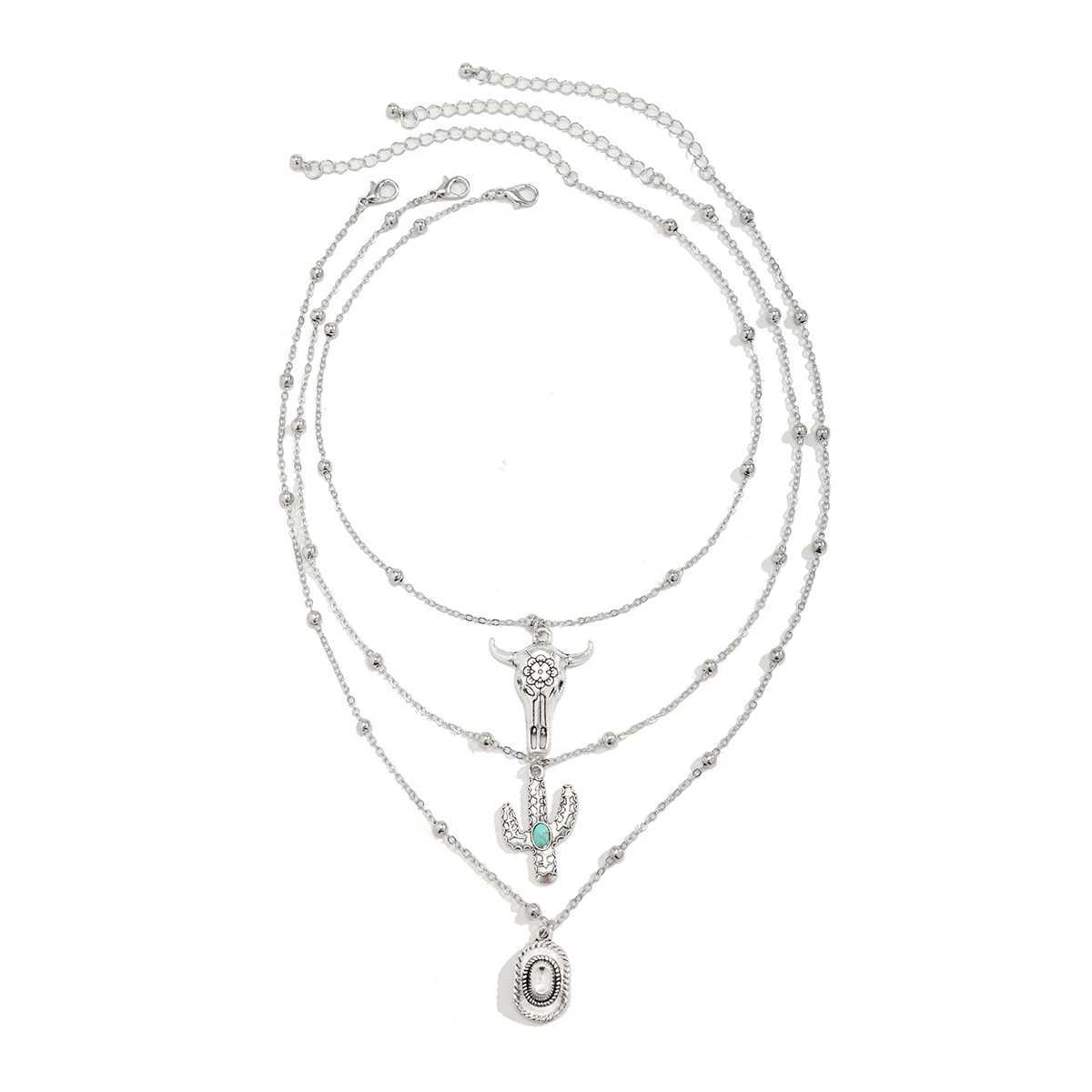 3Pcs/Set Boho Vintage Bullhead Cactus Pendant Necklaces for Women Ethnic Style Multilayer Thin Chain Summer Beach Neck JewelryC250407