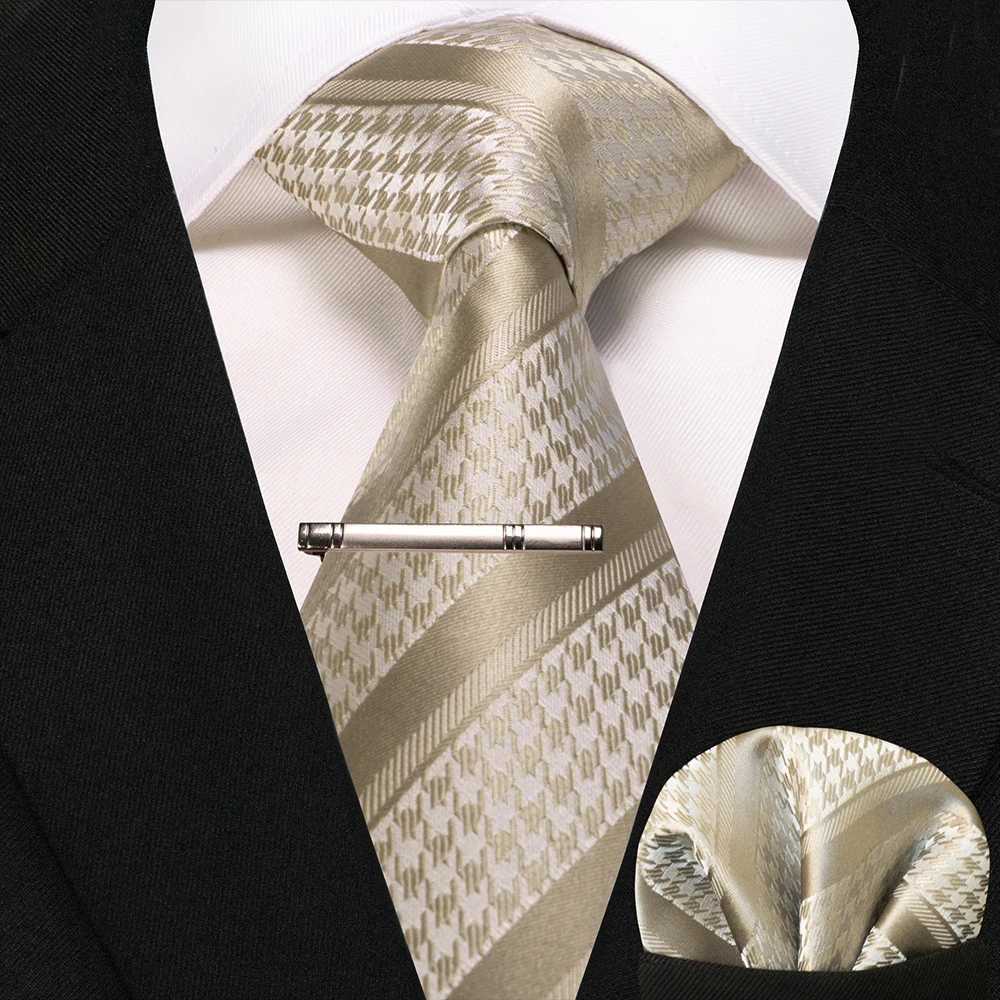 JEMYGINS Business Tie for Men Silk Navy blue Tie striped Paisley Necktie Handkerchief Tie clips Set for Wedding Party Gift X250407