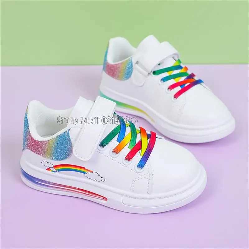 Childrens fashion rainbow colored girls white casual Pu leather air cushion autumn sports shoes W250407