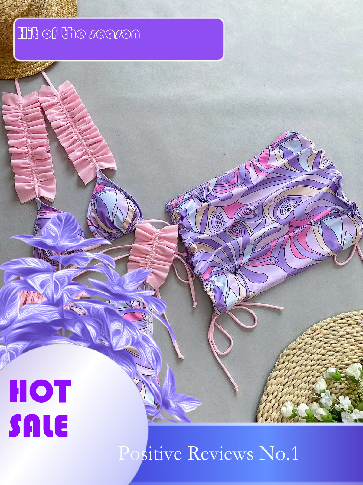 Dongdumaoyi Sexy Ruffle Pleate Strap Bikini Women Purple Floral Print Skirt Sarong Piece Swimsuit Bathing Suit Coverup Thong Swimwear