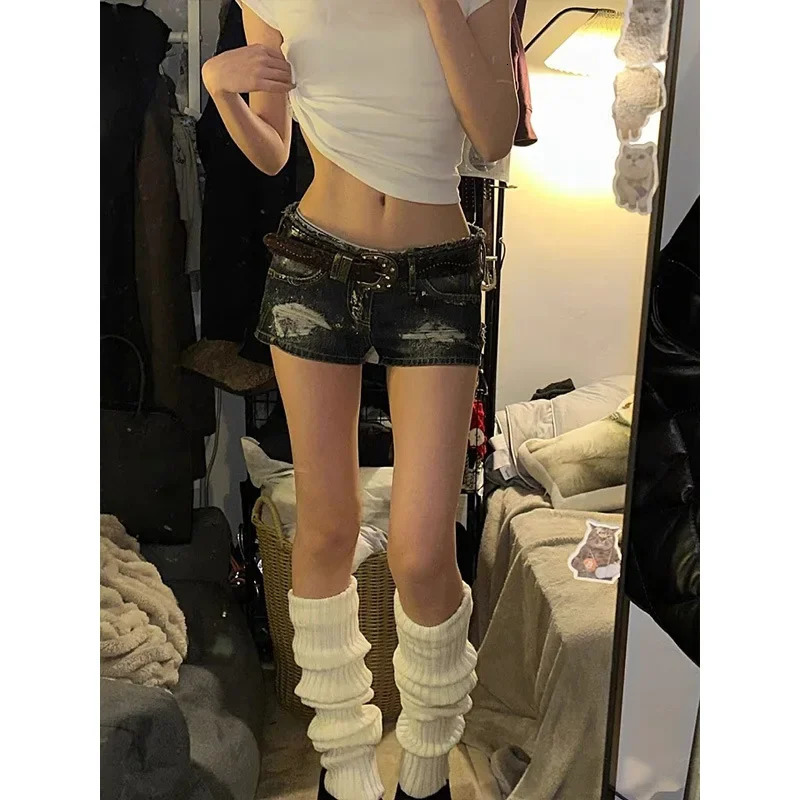 Sexy Versatile American Style Distressed Denim Shorts Low Waist Exposed Belly High Street Gyaru Summer Arrival Ultra Short H 250408