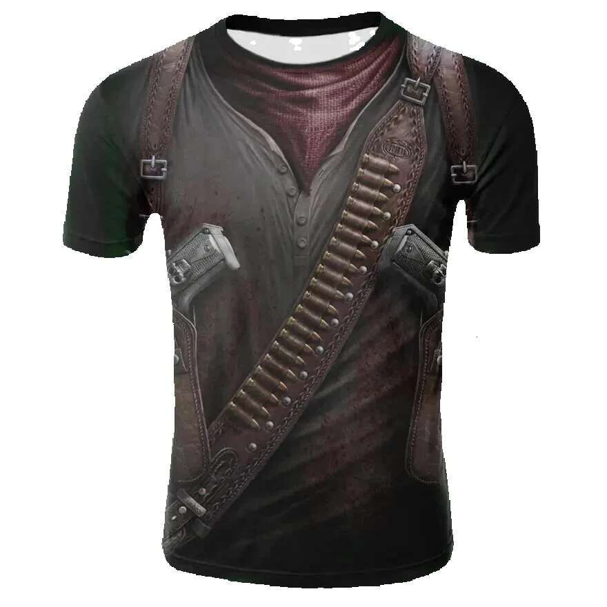 Men's 3D printed armor jacket, fun role-playing, hip-hop street personality, round neck, short sleeved, avant-garde cowboy warrior T-shirt