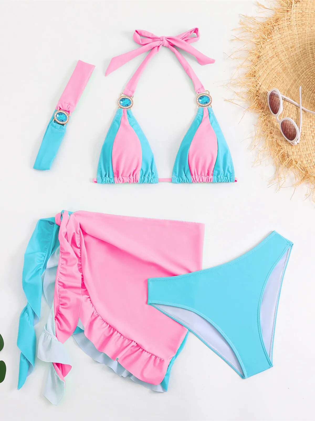 Dongdumaoyi Luxury Rhinestone Bikini Women Green Contrast Diamond Push Up Ruffles Skirt Piece Swimsuit Beach Bathing Suit Swimwear