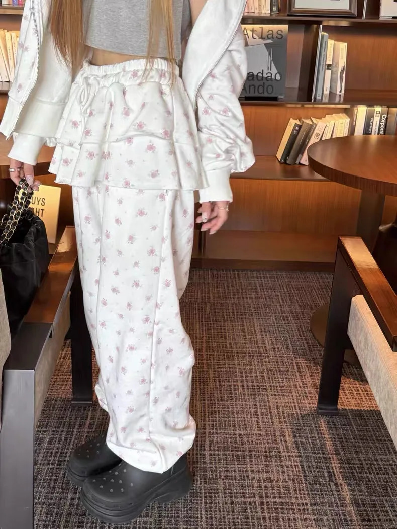 Full flower pattern printing element two piece casual sports pants spring daily outfit straight pants Y2K pants 250402