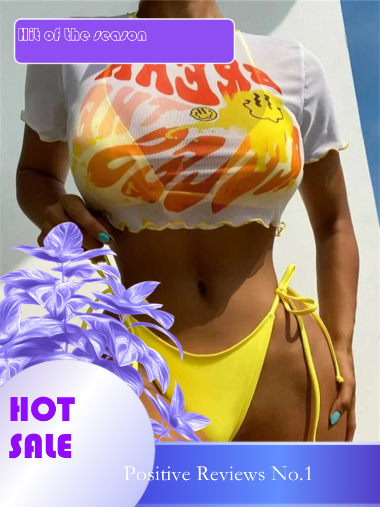 Dongdumaoyi Cute Cartoon Smile Face Print Pieces Bikini Set Short Sleeve Mesh Cover Up Swimsuit Women Bandage Bathing Suit Swimwear