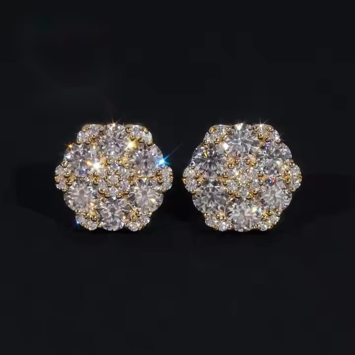 Fine Jewelry Big Luxury Cluster Flower Hip Hop 925 Sterling Diamond Earrings Real HPHT Lab Grown Diamond Earrings 925 Solid Gold Round Cut Studs for W