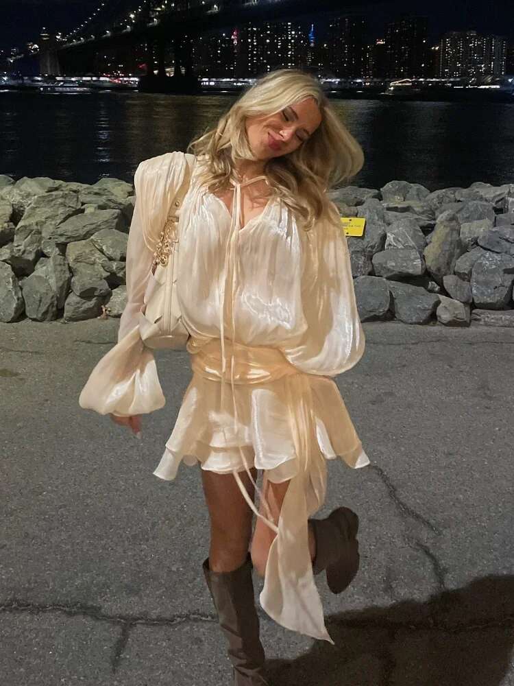 Elegant Ruffles Shiny Mini Dresses Fashion Solid Long Sleeve Lace Up V Neck Pleated Dress New Summer Party Women's Vestidos 2025