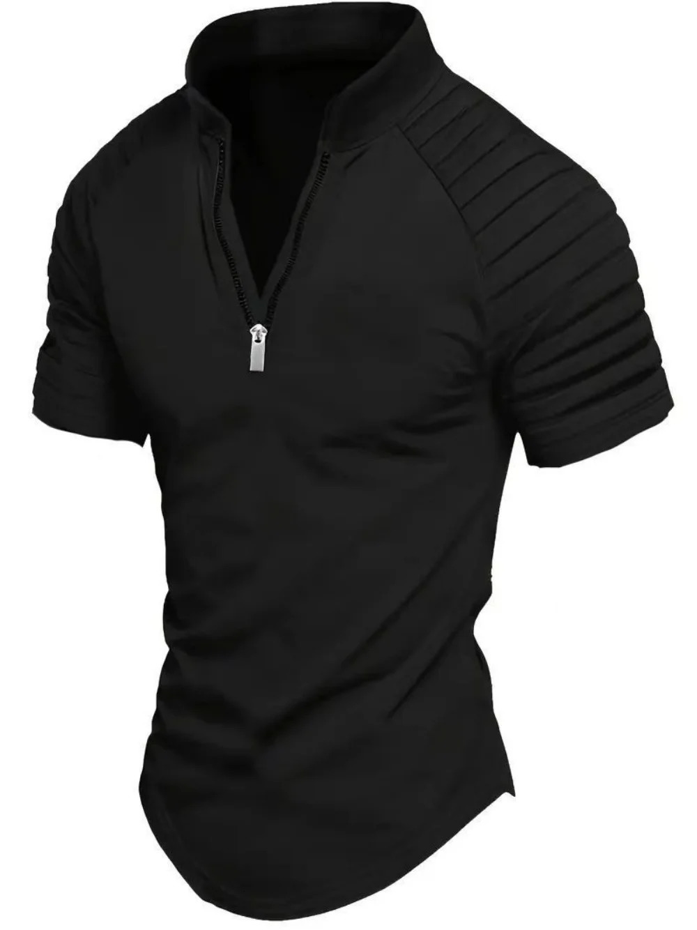 Mens polo shirt for spring sports solid color stand up collar pleated zipper breathable and casual summer fashion top short sleeved 250402