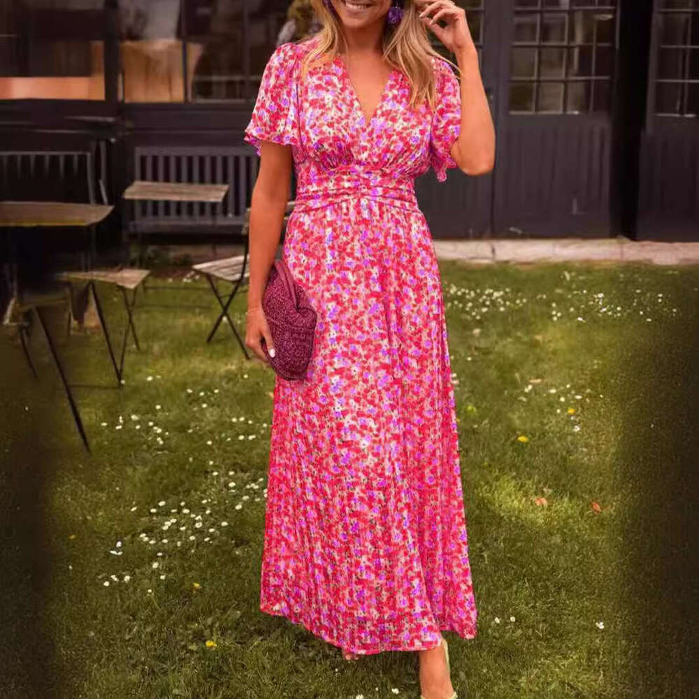 A large number of European and American Shein2025 women's temperament printed waist cinched V-neck dress 2025 new casual fashion trend clothing