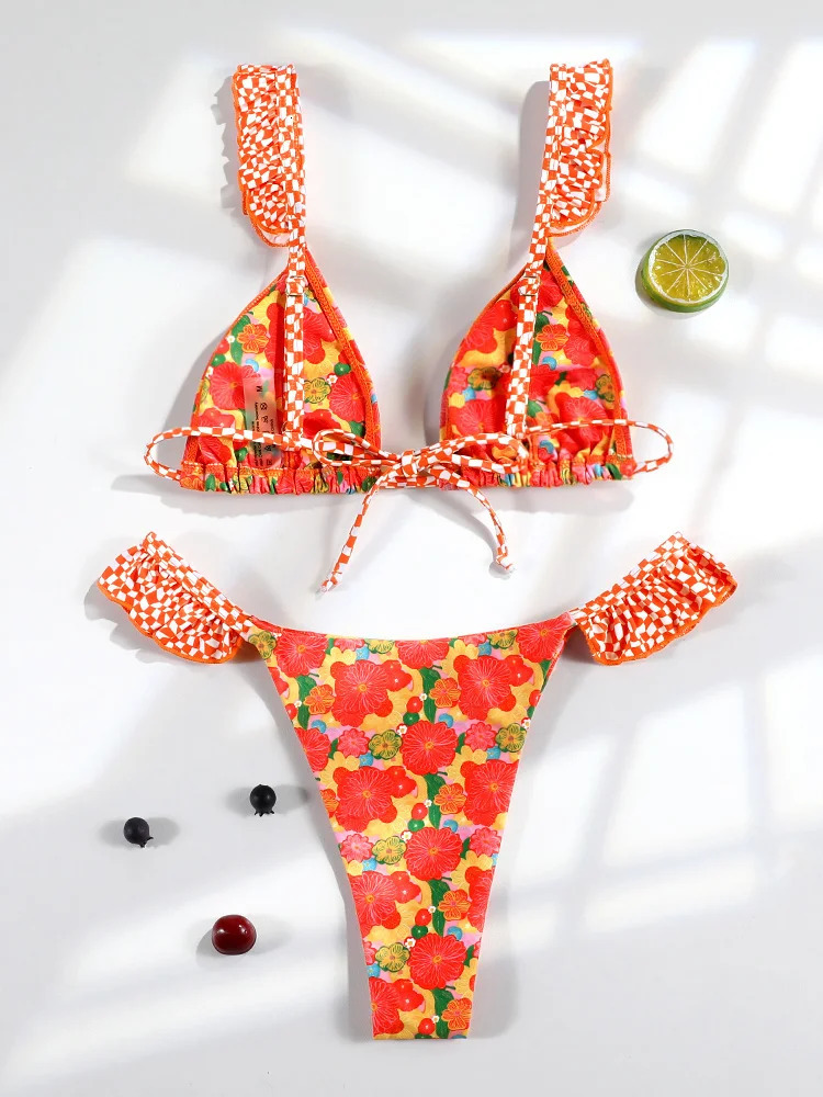 Miyouj printed swimsuit ruffled bikini triangle twopiece set low waist high cut 2024 Biquini Bandage 250408Z