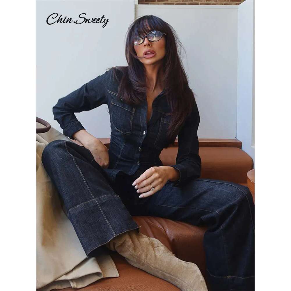 Denim Jeans Suits Women Waist Up Lapel Single Breasted Long Sleeve Coat Wide Leg Pants Spring Pleat High Street Sets 2 Pieces
