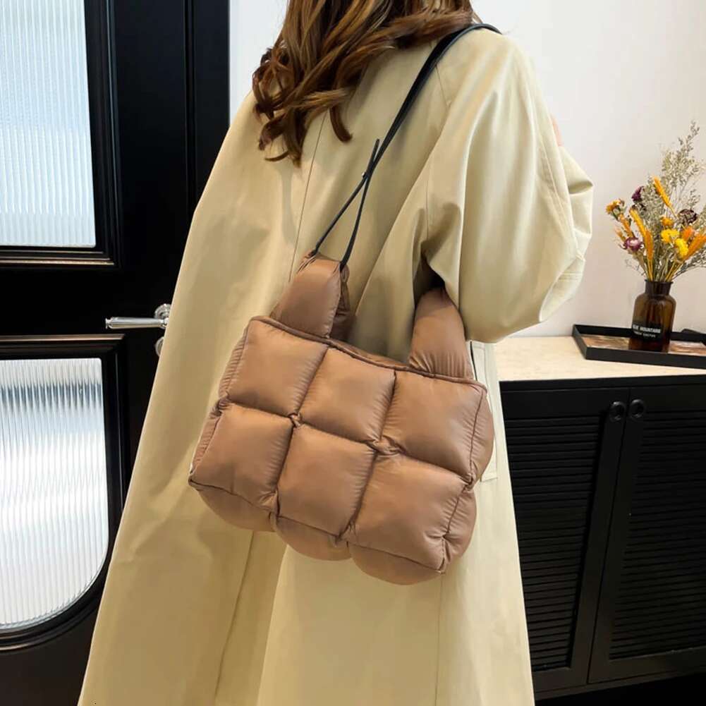 Women Puffer Tote Cotton Padded Shoulder With Inner Pockets Shopper Bag