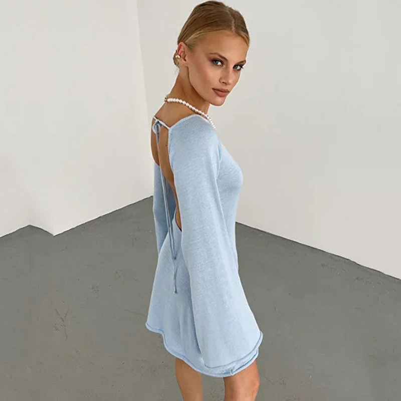 2025 new sexy backless dress with flared sleeves for women loose beach vacation short skirt