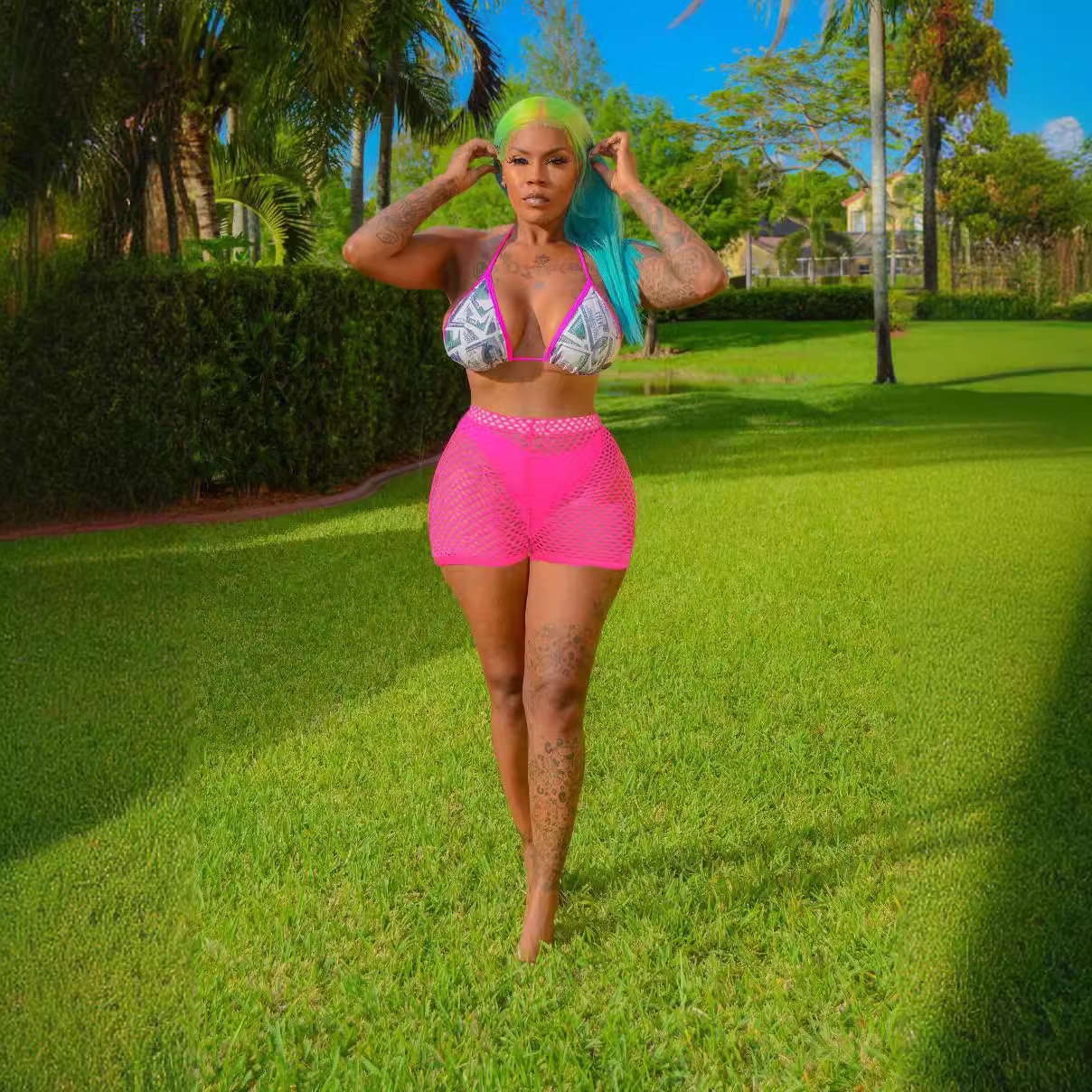 Women Sexy Two Piece Fishnet Swimwear High Waist Shorts 2 Pieces Bikini Set Tanga Swimming Suit Push Up Mesh Neon Swimsuit Y19062901