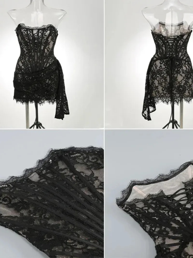 Womens Sexy Lace Dress Solid Color Sheer Patchwork High Waist Lace Dress Elegant Printed Strapless Slim Evening Dress M887 251028