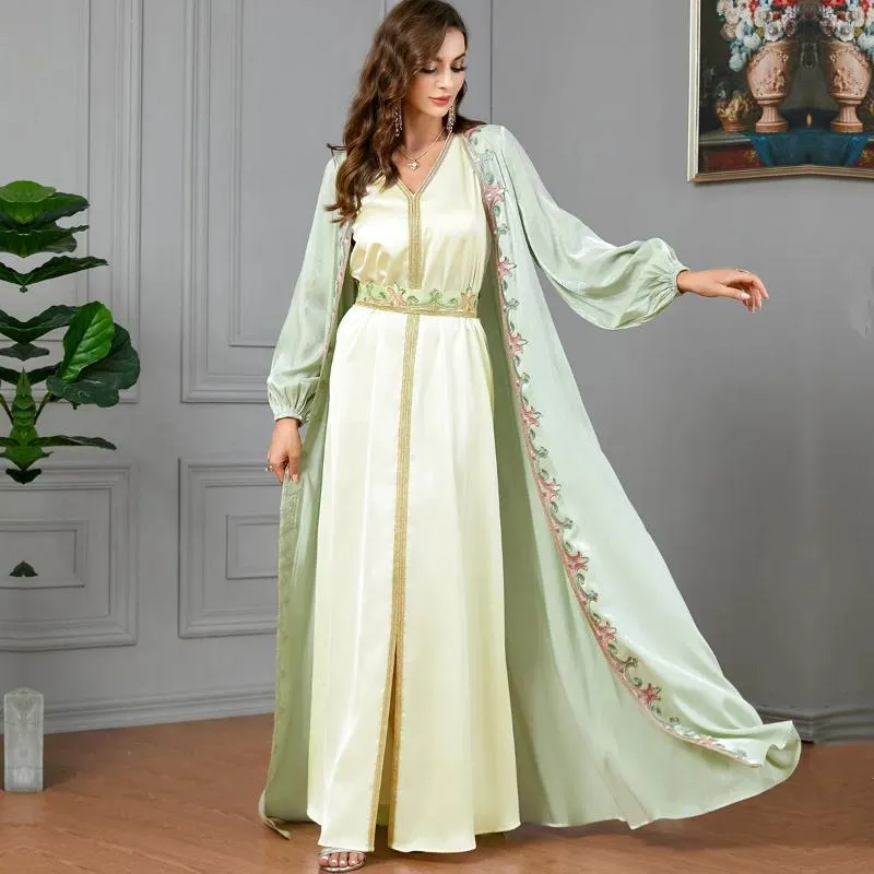 Ethnic Clothing Women Dress Set 2 Pieces Morocco Caftan Elegant Muslim Abaya Dubai Satin Kimono Cardigan Robe Beads Long Sleeve Abays