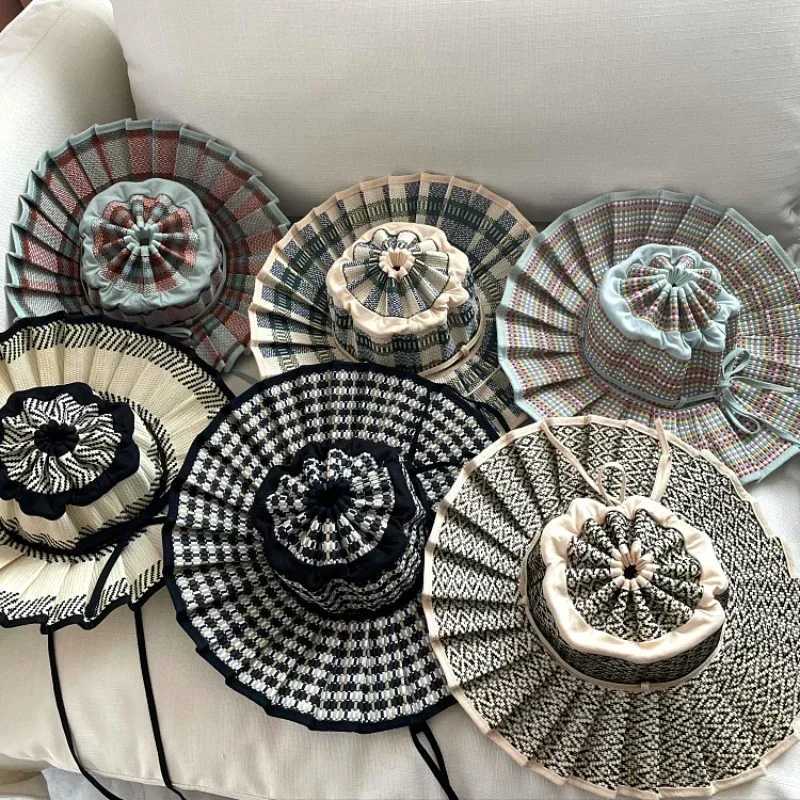 Y2K Parent-Child Summer Reversible Pleated Sun Hats for Women Casual Straw Hat Outdoor Beach Shade Straps Lady Gorras Para Mujer Z250407