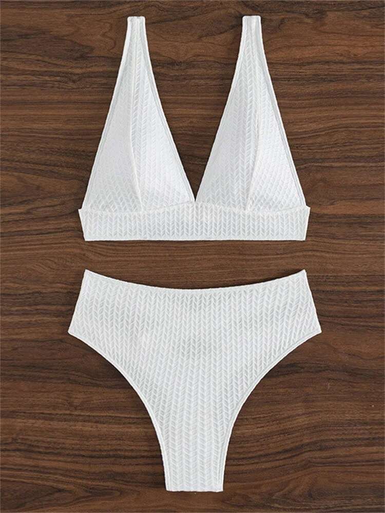 Dongdumaoyi Sexy Hollow Out High Waist Bikini Women Solid White V Neck Push Up Two Piece Swimsuit Beach Bathing Suit Backless Swimwear
