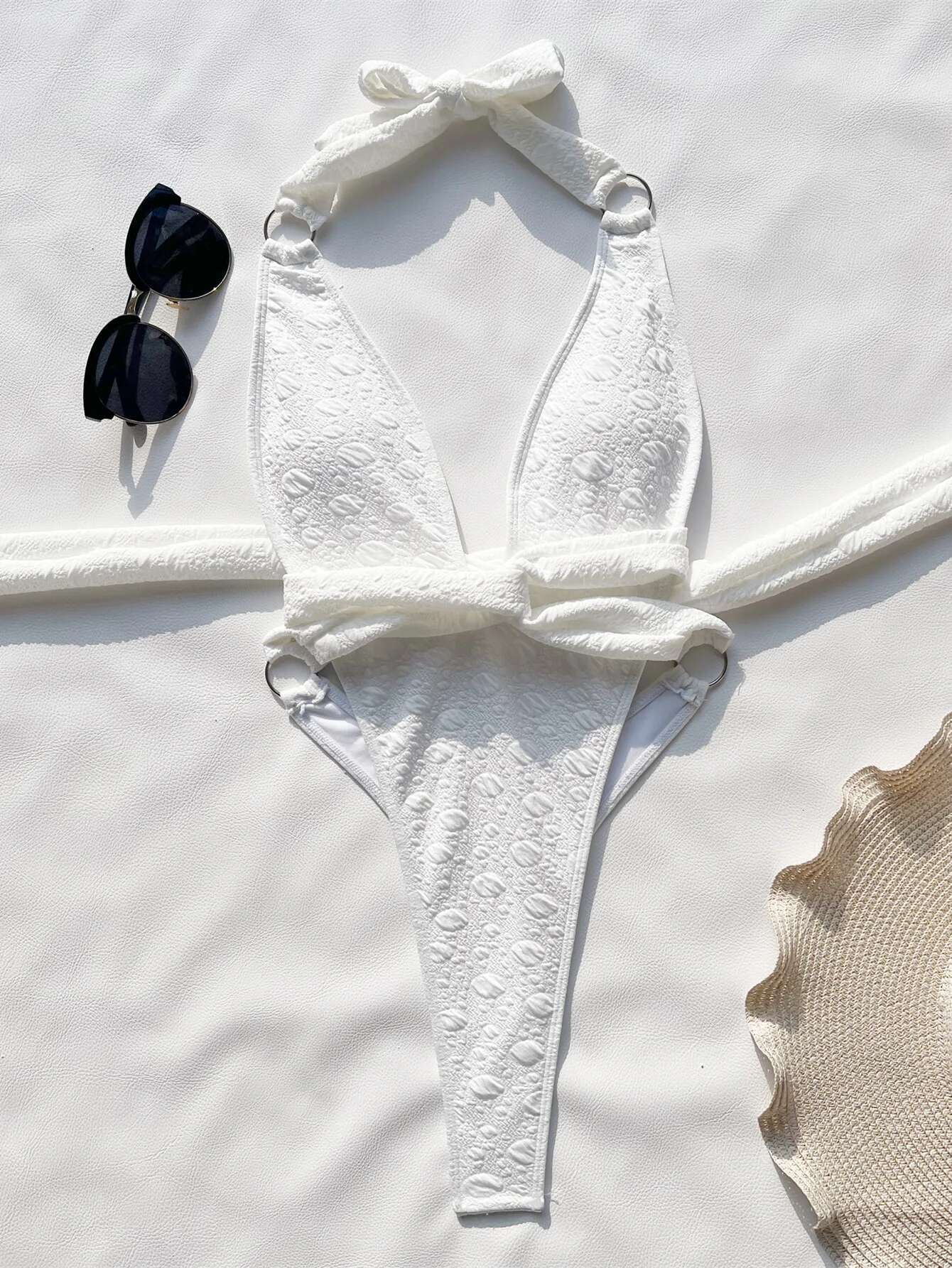 Dongdumaoyi Sexy White One Piece Swimsuit Women Deep V Neck Hollow Out Backless Thong Bikini Wrap Around Belt Bathing Suit Swimwear