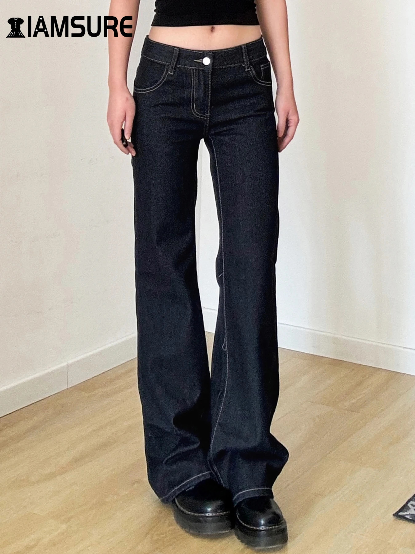 IAMSURE basic ultrathin ed straight jeans elegant Y2K casual solid low waisted pants for women fashionable streetwear 250407