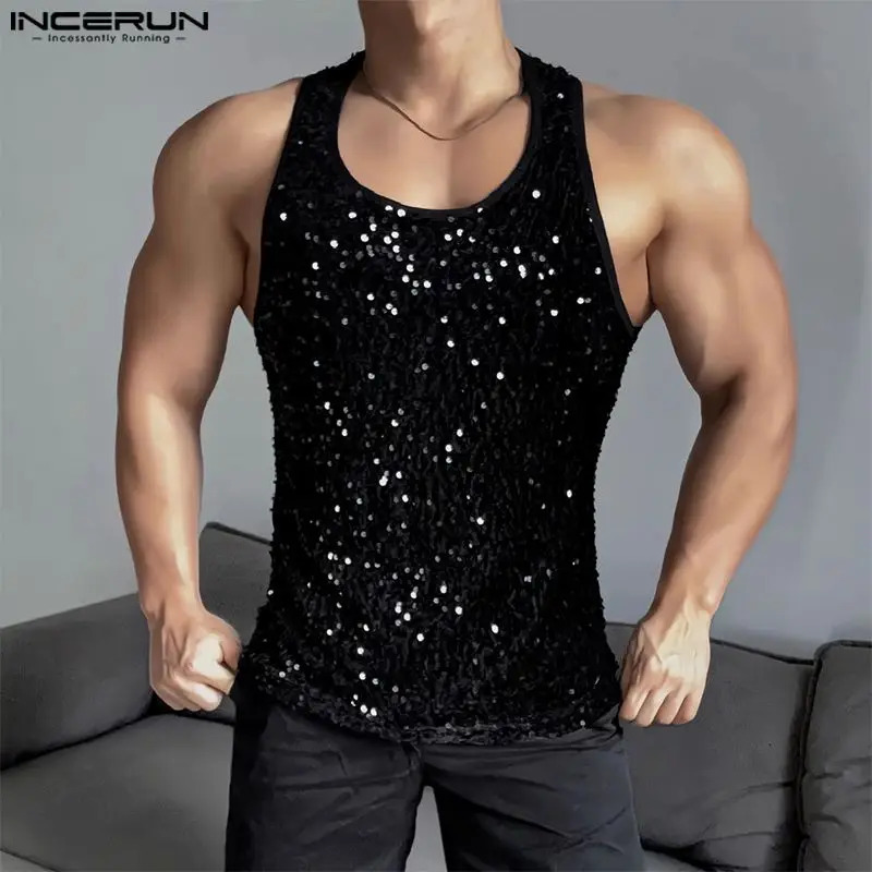 INCERUN Mens Tank Top Sparkling O-Neck Sleeveless Casual Mens Street Dress Summer Fashion Party Mens Wear 250402