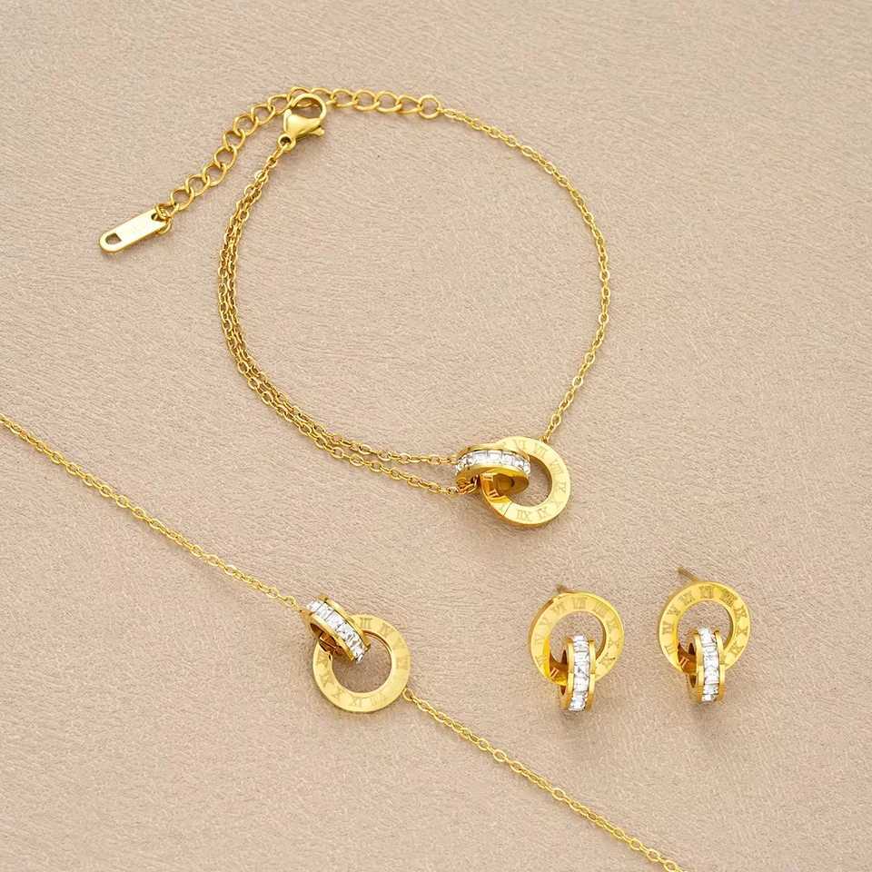 4-piece/set stainless steel crystal necklace bracelet earrings suitable for women gold interlocking ring Roman numeral jewelry set Y250408