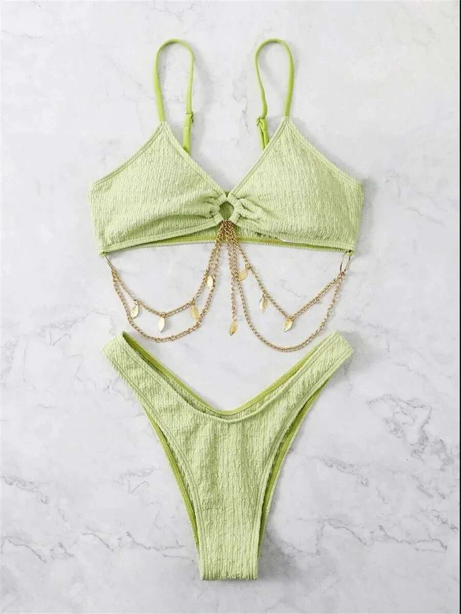 Dongdumaoyi Sexy Metal Chain Bikini Set Women Solid Black Green Ring Linked Micro Swimsuit Summer Bathing Suit Thong Swimwear Biquini